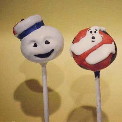 Ghostbusters sign and StayPuft cakepop