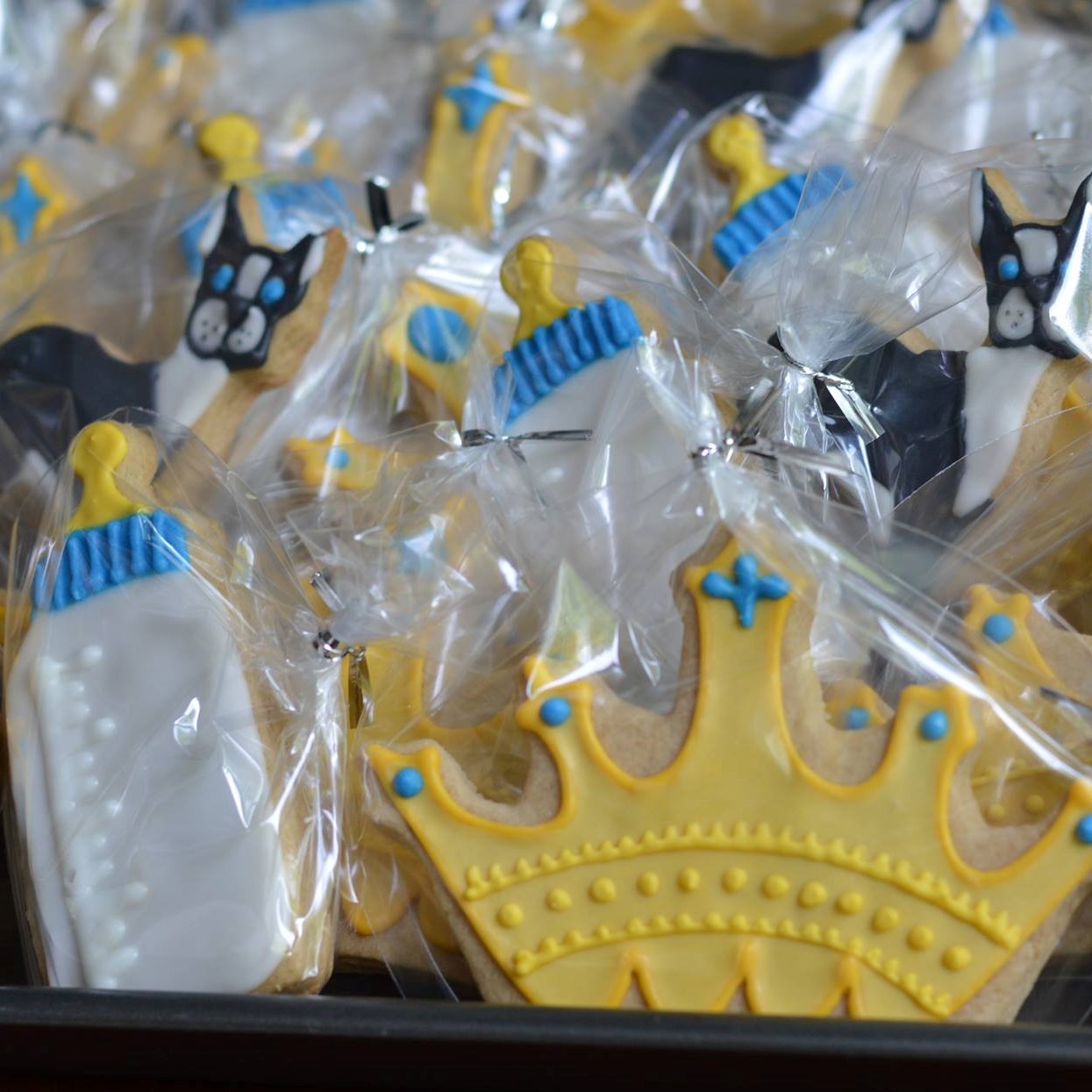 Baby bottle, Golden yellow crown and Boston Terrier with blue eye cookies