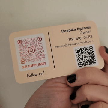 Our Happy Minds' business card front and back .gif image