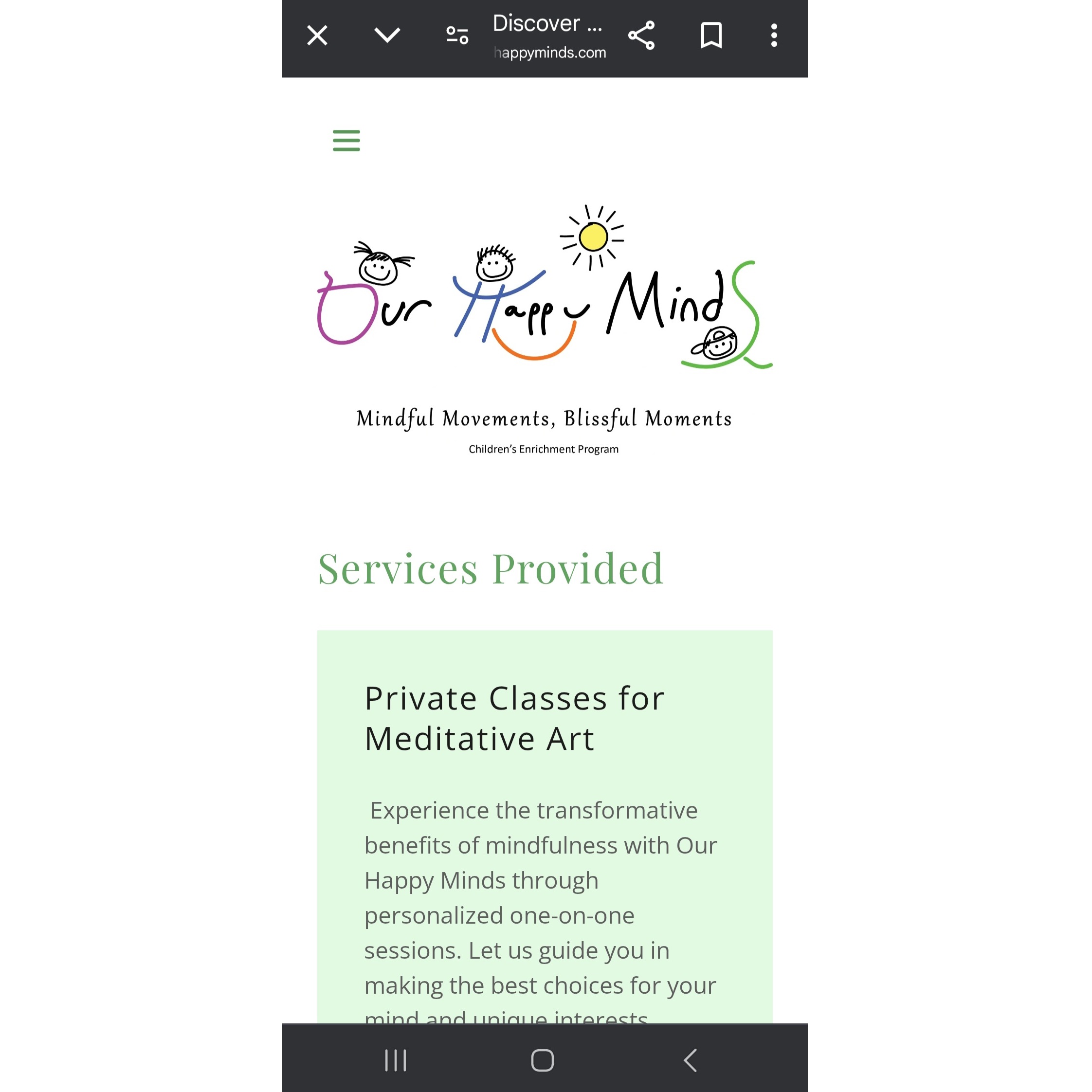 Our Happy Minds' website screenshot