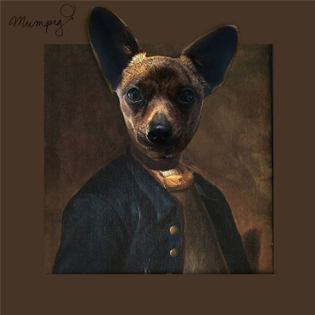 Dark brown chihuahua head on a human body depicting a Renaissance Art painting