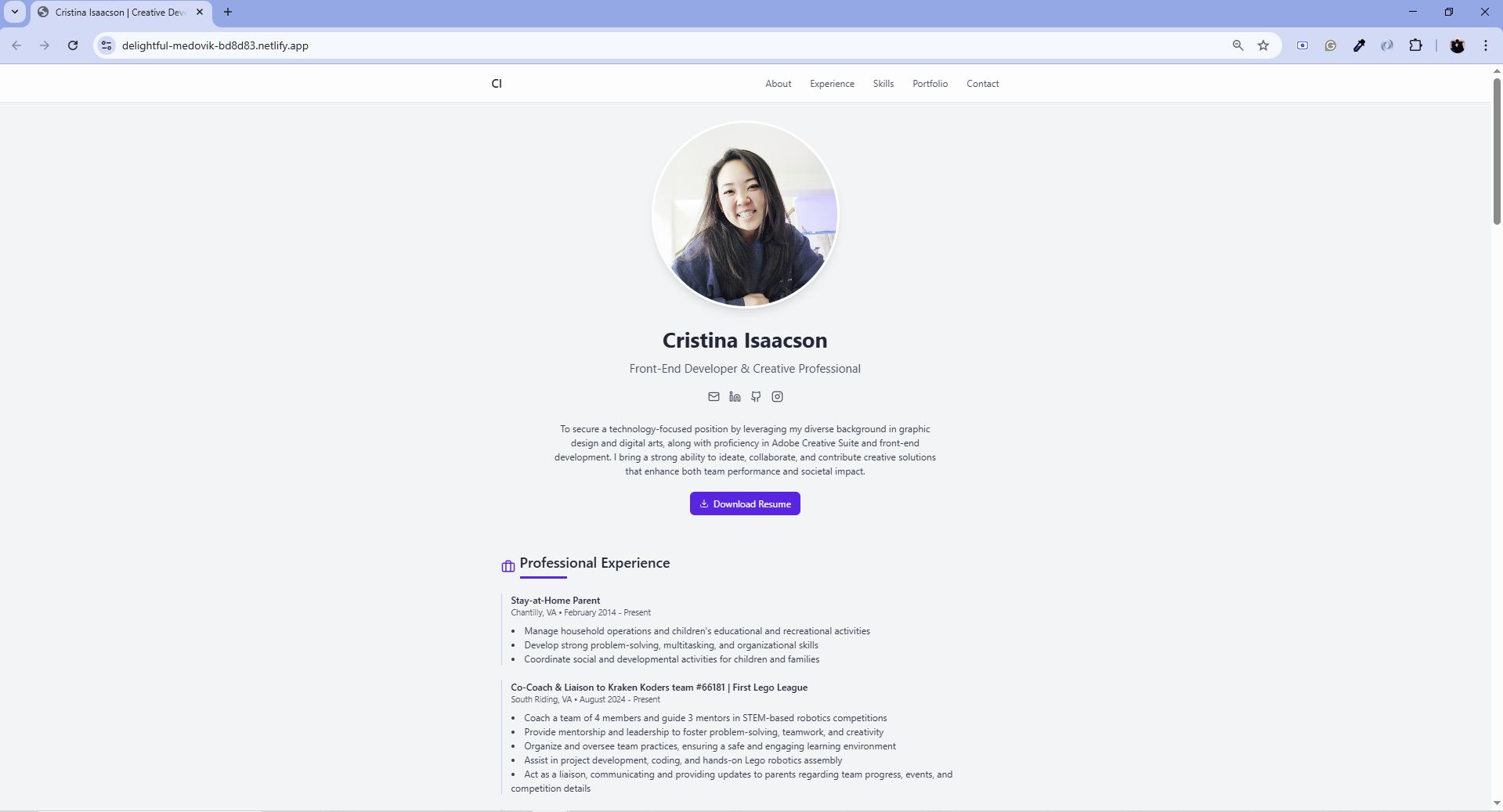 Screenshot image Cristina's Online Resume