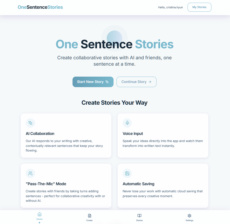 Screenshot image of One Sentence Stories' website/app