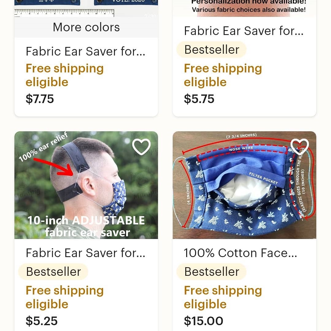 A screenshot image of earsavers and masks listed on etsy marked as "Best Seller"