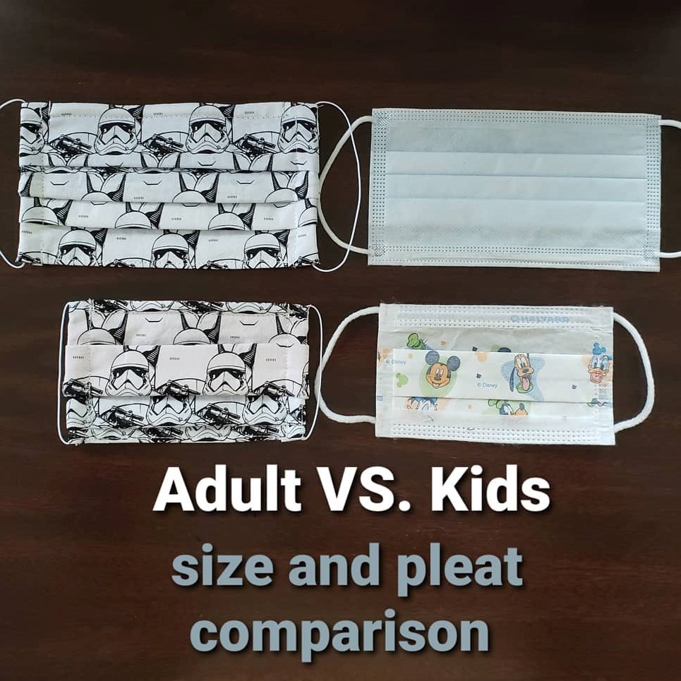 An image comparing an adult and child size cotton-fabric mask to a disposible surgical mask